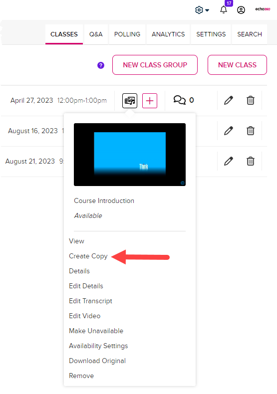video icon menu from the class list with possible options for students as described