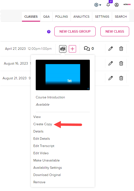 Class list page showing media icon menu for student as described