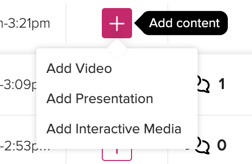 Class list with a class that does not contain any media showing pop-up menu for add media button selection with add video option as described