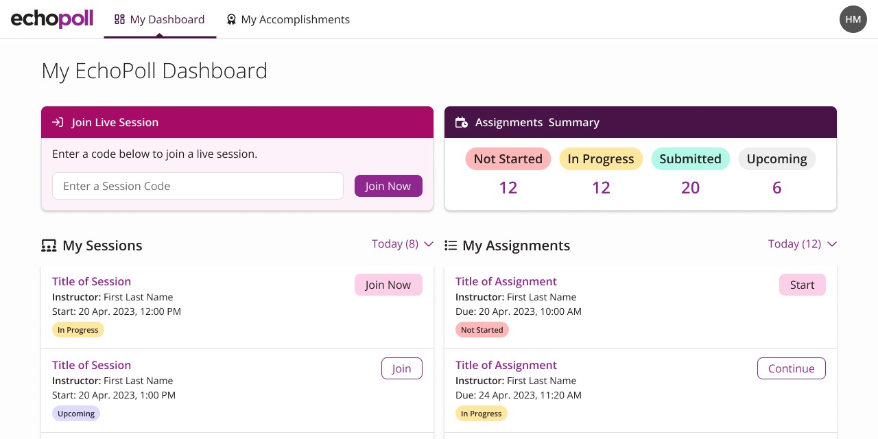 Learner Dashboard with Join Live Session, Assignments Summary, My Sessions, and My Assignments identified as described