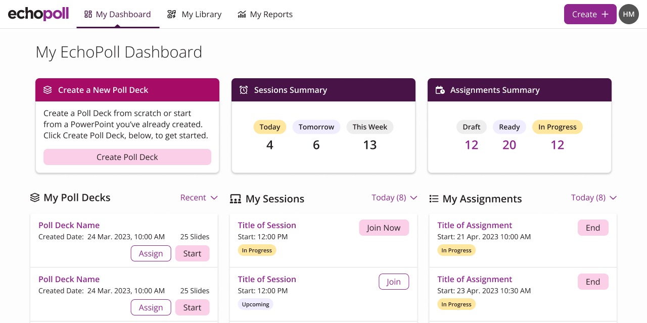 Instructor Dashboard with Create a New Poll Deck, Sessions Summary, Assignments Summary, My Poll Decks, My Sessions, and My Assignments identified as described