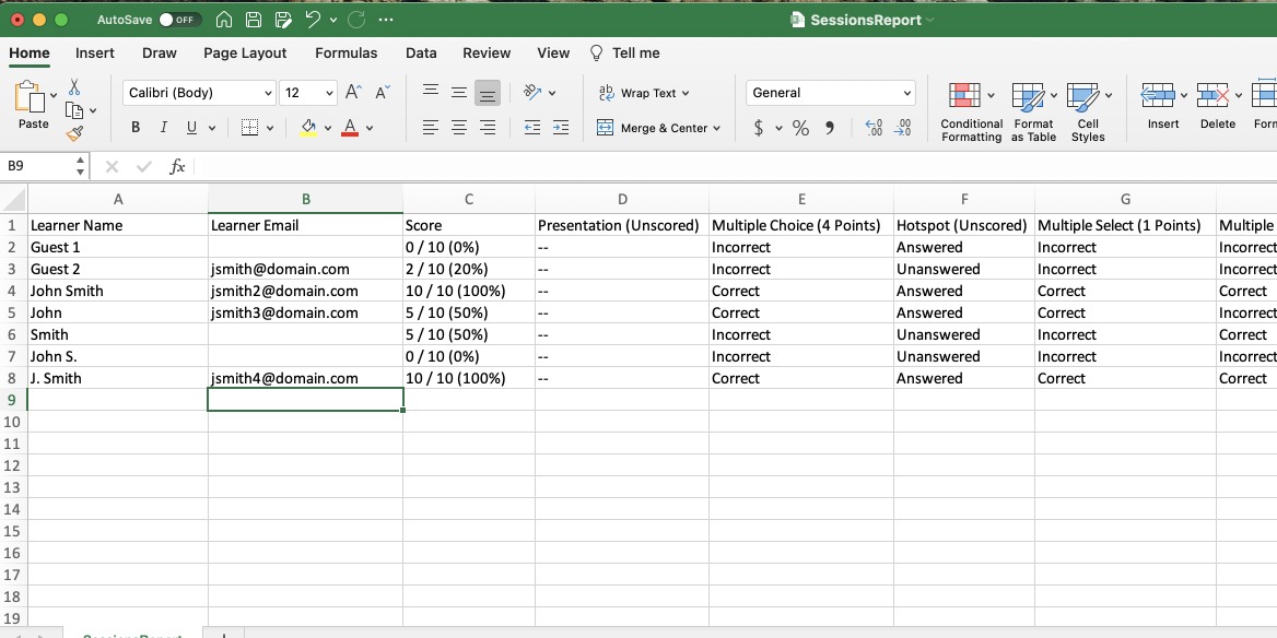 An Excel spreadsheet with a Session Report csv displayed