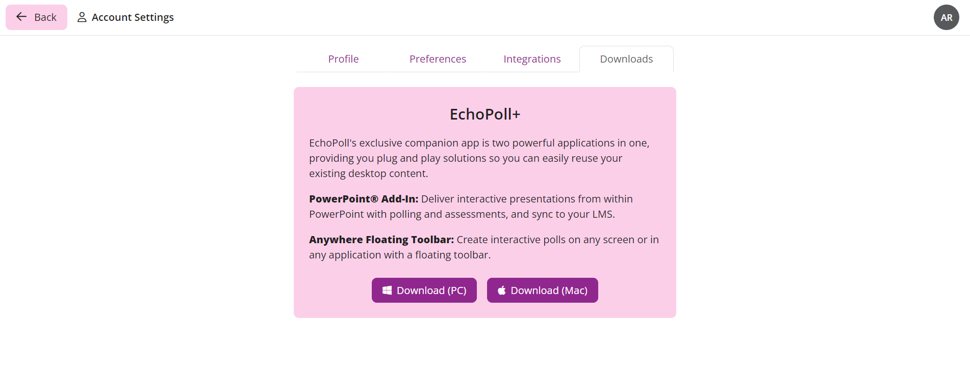 EchoPoll downloads page from within Account Settings displayed