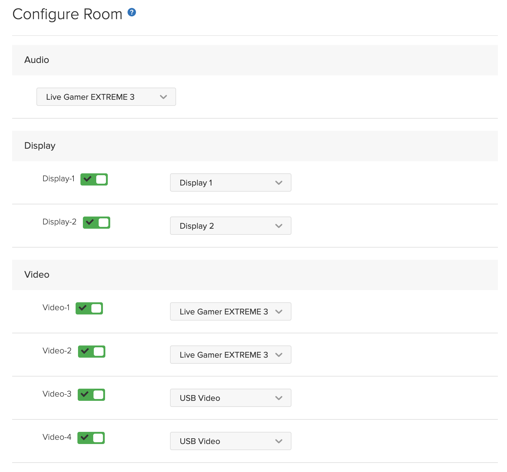 Room Configuration page with 2 Displays and 4 Video options as described
