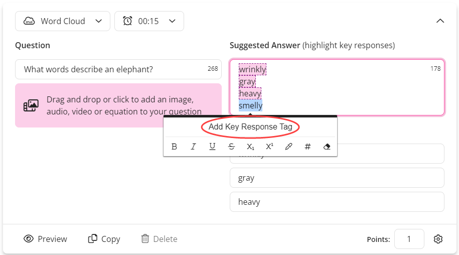 Short Answer question with suggested answers populated and a Key Response highlighted with the Add Key Response Tag option identified as described
