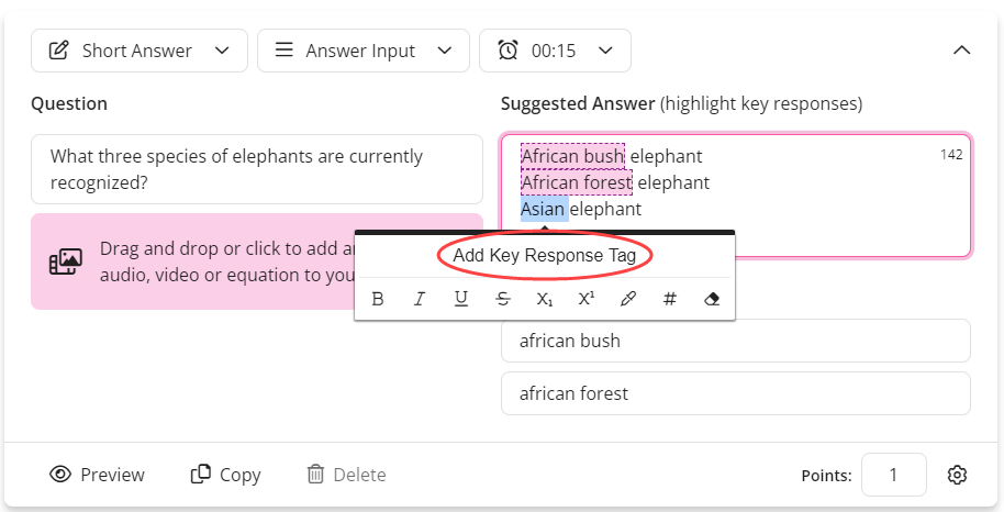 Add a Key Response Tag by highlighting the selection and choosing Add Key Response Tag showing highlighted text in the Keywords area identified as described