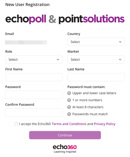 The EchoPoll and PointSolutions new user registration screen