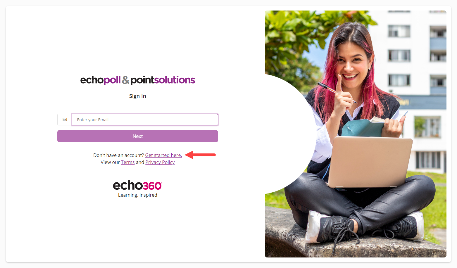 The EchoPoll and PointSolutions account log in screen with Get started here identified as described