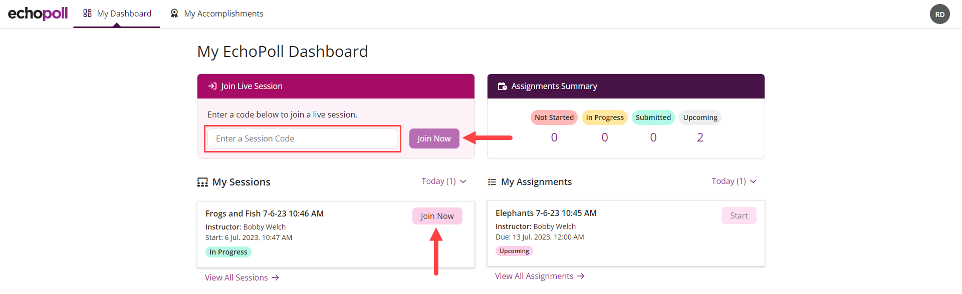 Learner Dashboard with Join Live Session and Join Session under My Sessions identified as described