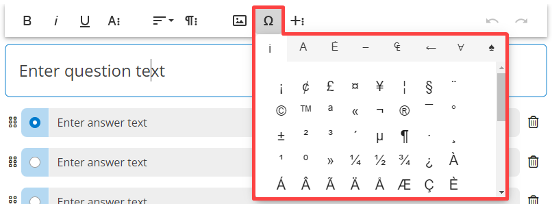 Rich Text Editor with Special Characters options identified as described