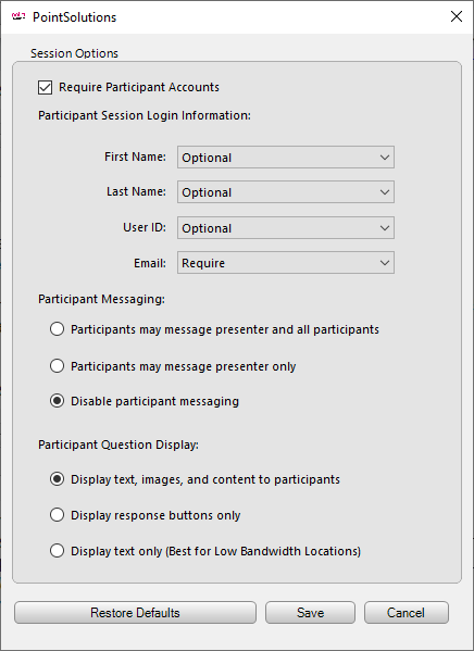 PointSolutions Desktop Session Settings window as described