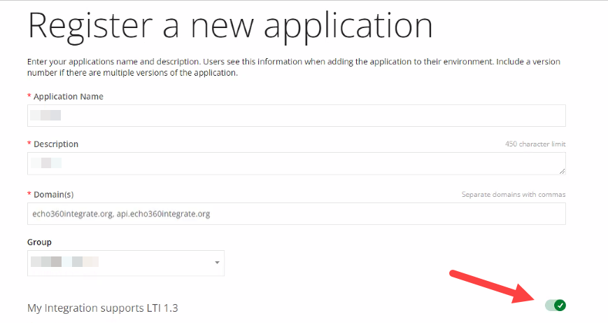 Register a new application screen with My Integration supports LTI 1.3 toggle enabled identified as described