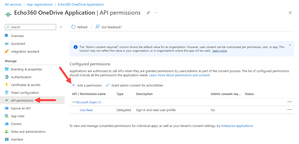 API Permissions name table with Add a Permission identified as described