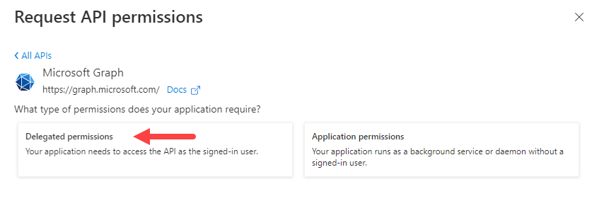 Request API Permissions page with Microsoft Graph displayed and Delegated permissions option identified for steps as described