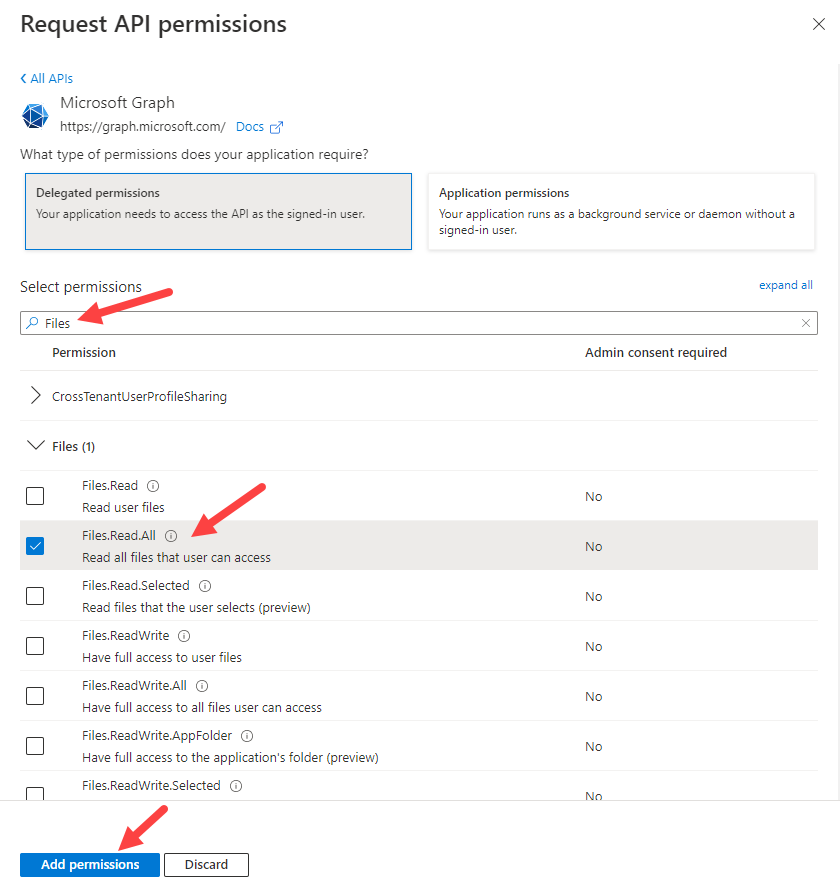 Request API Permissions page with Microsoft Graph and Delegated permissions displayed and searching for Files with Files.Read.All and Add permission button identified as described