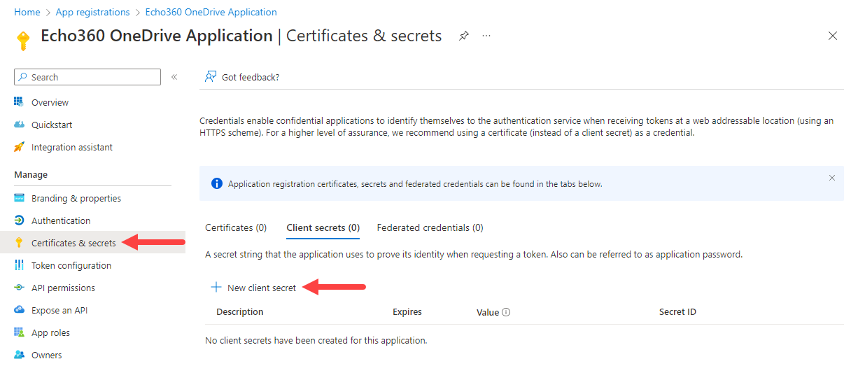 Azure Certificates and secrets with New client secret identified as described
