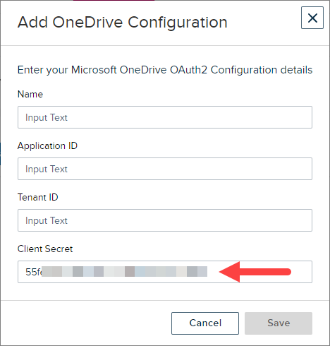 OneDrive configuration block in EchoVideo with secret value pasted in as described