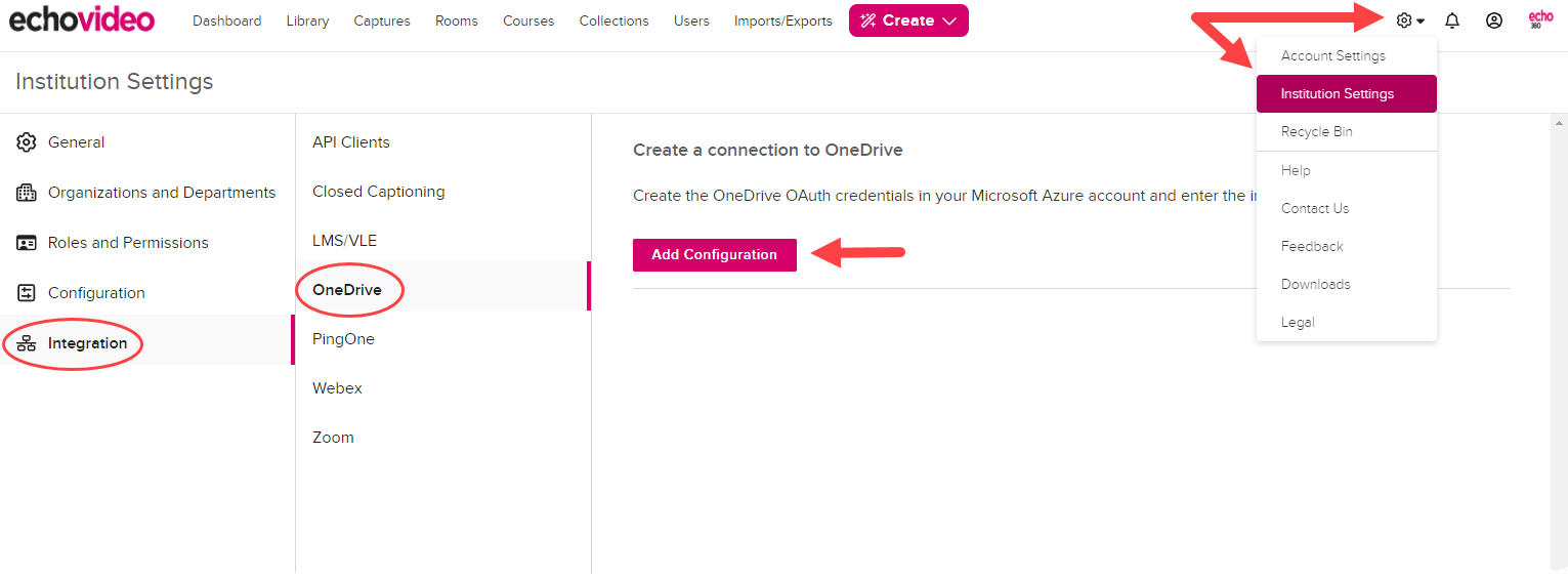 Settings, Institution Settings, Integration, OneDrive, Add Configuration path identifed as described