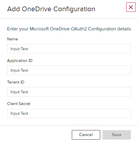 OneDrive configuration modal in EchoVideo with fields to hold values from Microsoft Azure as described