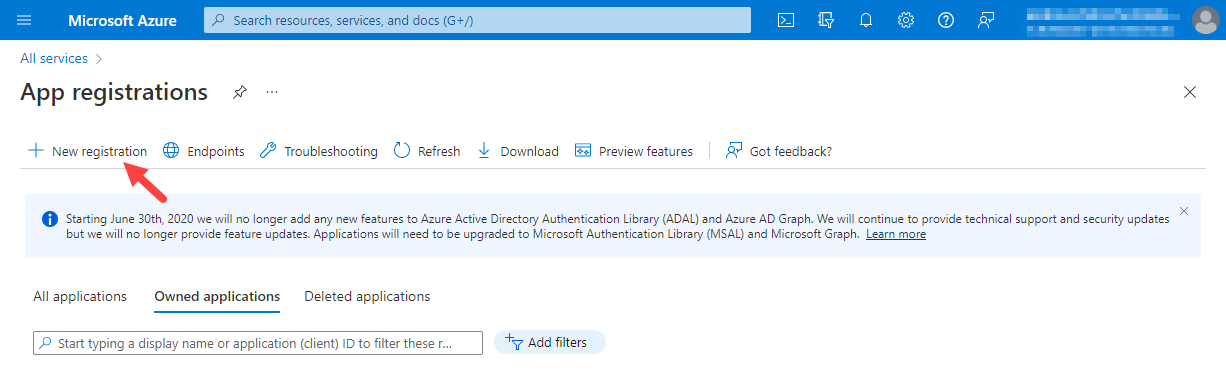 Microsoft Azure App Registration with New registration identified as described