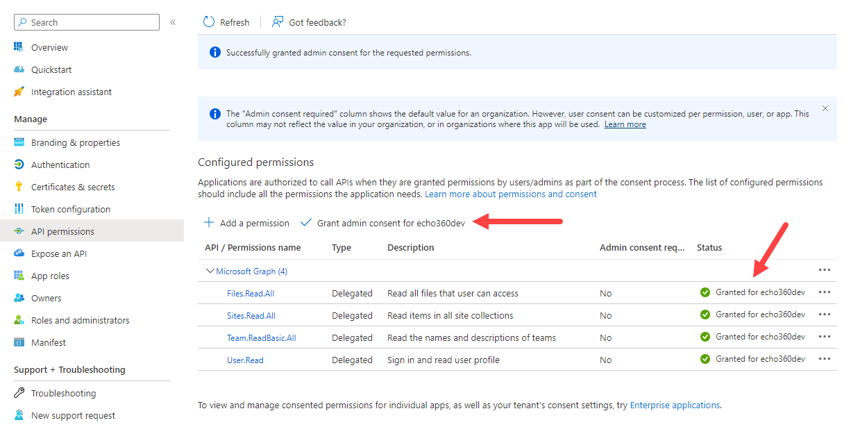 Azure Configured permissions with Grant admin consent for echo360.dev identified as described