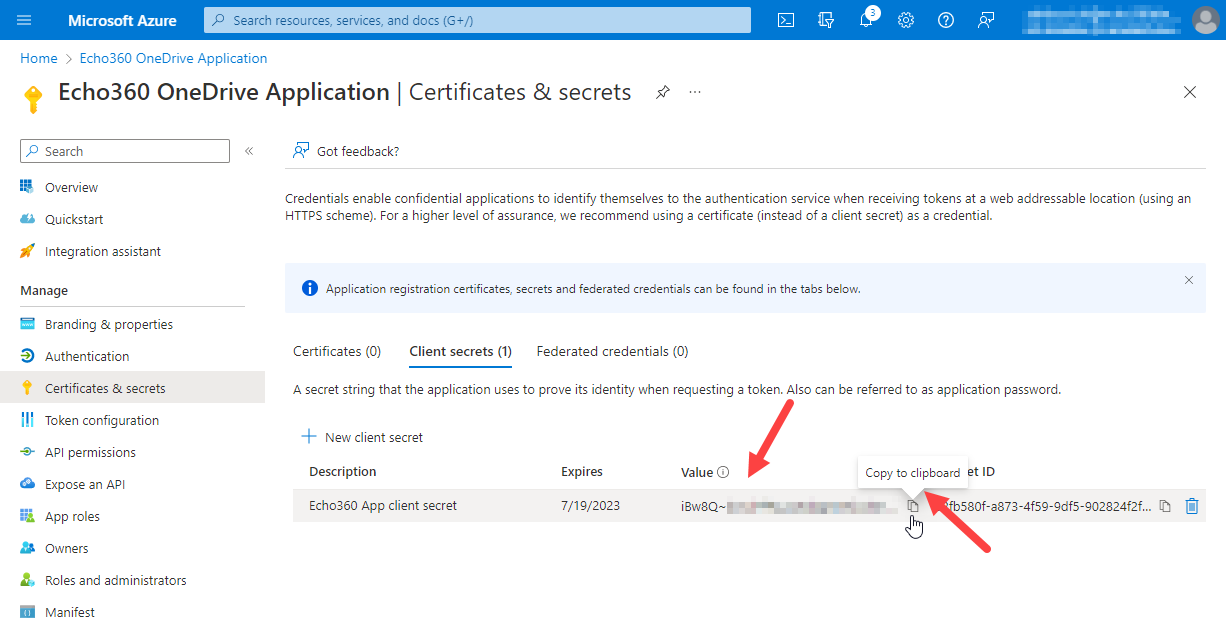 EchoVideo App client secret appears with value blurred out and copy to clipboard identified as described