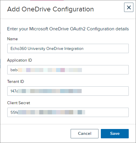 OneDrive Configuration block in EchoVideo with configuration fields completed as described