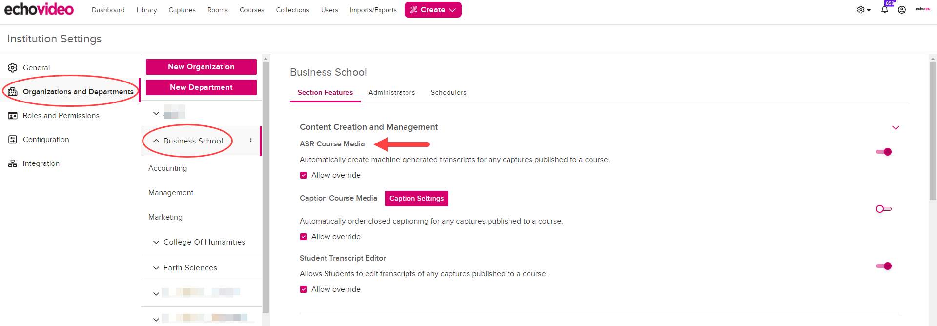 Sections Features tab for a department or organization as seen by a Designated Admin with the Content Creation and Management section shown as described