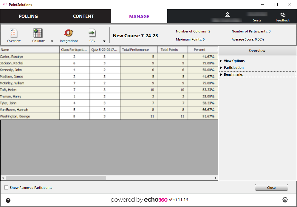 The Results Manager screen in PointSolutions desktop as described