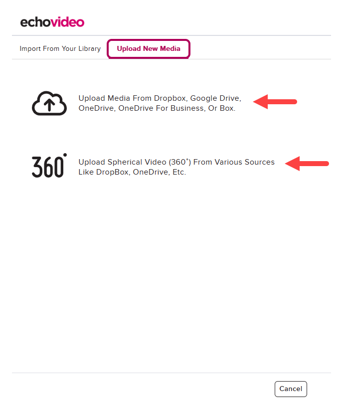 Add media to collection modal with Upload media tab shown and Select Media button identified for steps as described