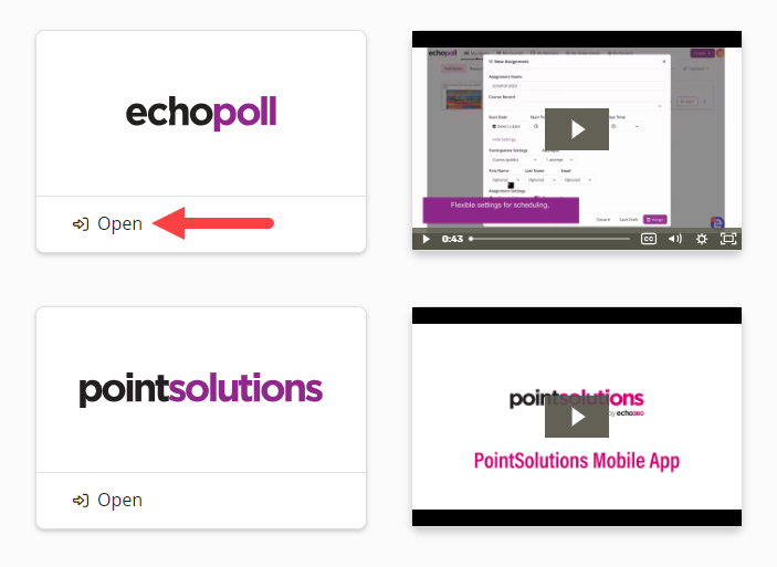 The EchoPoll and PointSolutions application selector with the EchoPoll Open link identified as described
