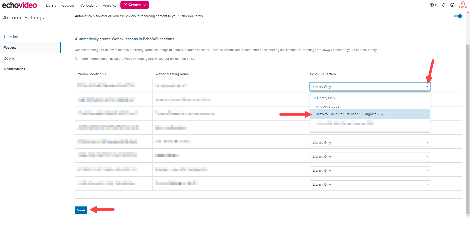 Instructor Account Settings with Webex selected and a Webex meeting mapped to a course as described