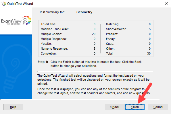 Quick Test Wizard Test Summary with Finish button identified as described