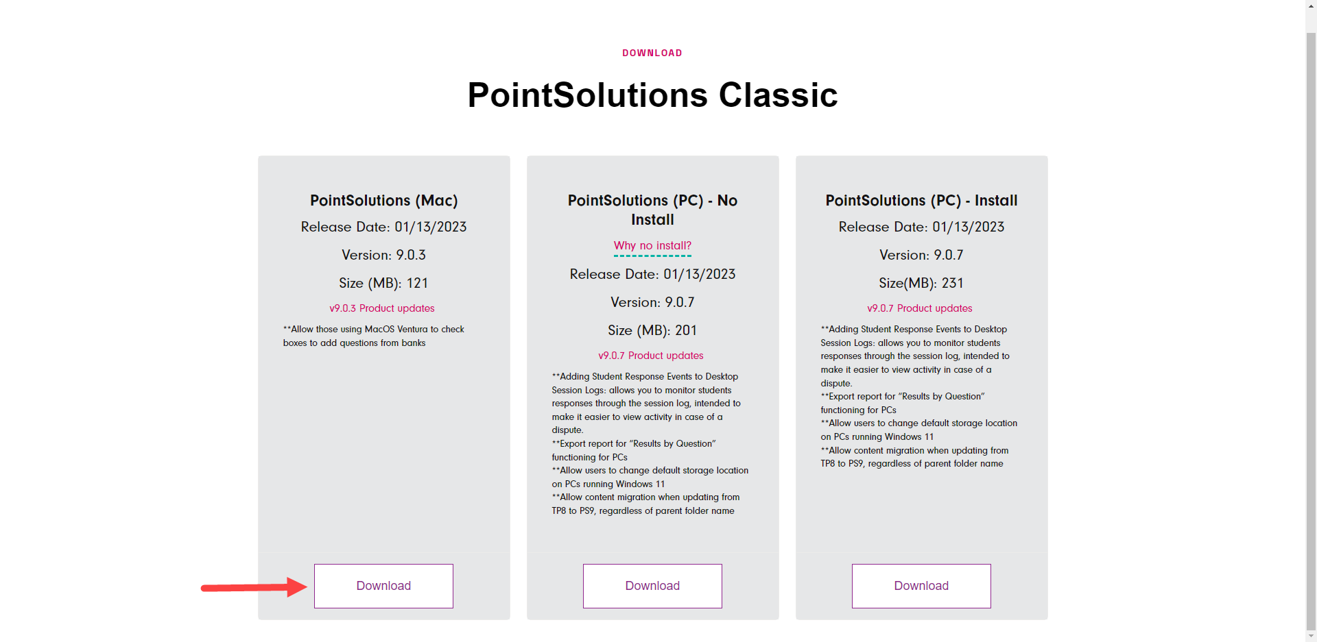 PointSolutions Classic downloads page with PointSolutions Mac Download button identified as described