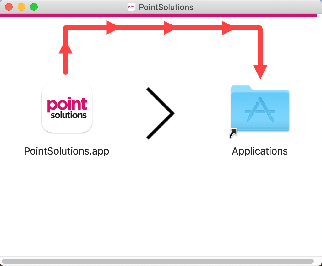 PointSolutions icon with an arrow pointing to the Applications folder icon as described