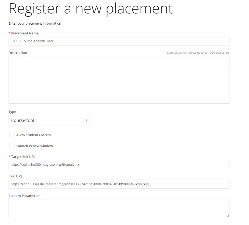 Register a new placement in Blackboard fields as described