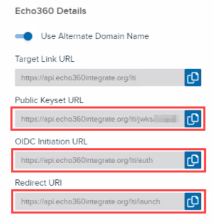 Configuration details in EchoVideo with OIDC Initiation URL, Public Keyset URL, and Redirect URI identified as described