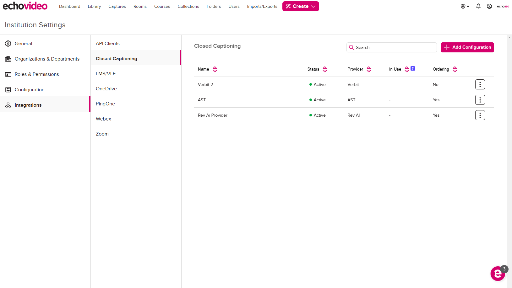 Institution Settings, Integration, Closed Captioning and several configurations shown as described