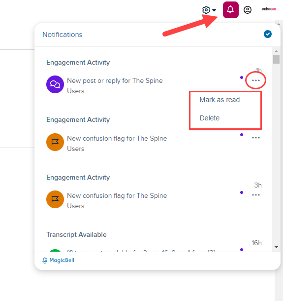 The Notifications icon open with notifications shown and a menu expanded with mark as read and delete options identified