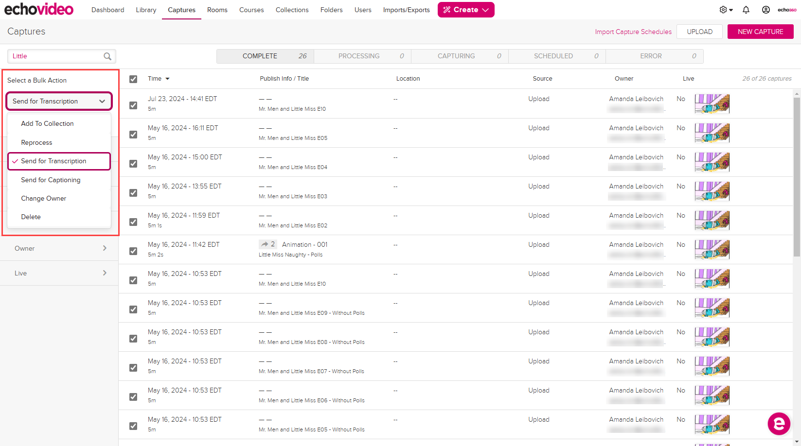 The captures page with 3 captures selected and the Bulk Action Menu expanded and Send for Transcription selected as identified