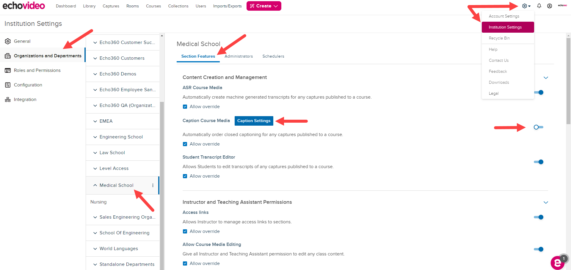 Settings expanded and Institutional Settings selected with Organization and Departments, Medical School, Section Features, and Caption Settings identified as described