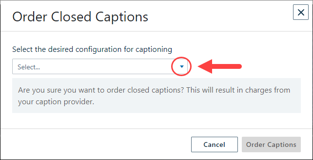 Order Closed Captions window with configuration drop down identified