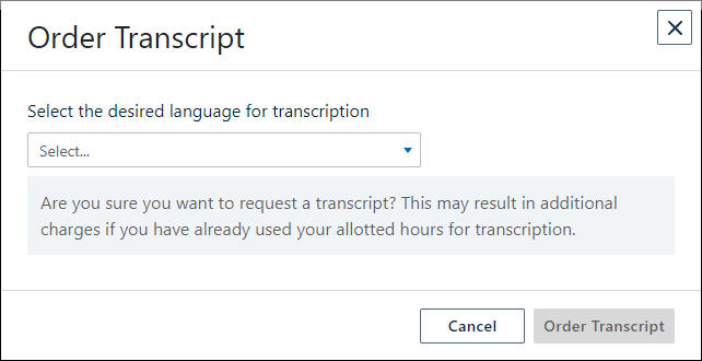 Order Transcript window with language drop down identified