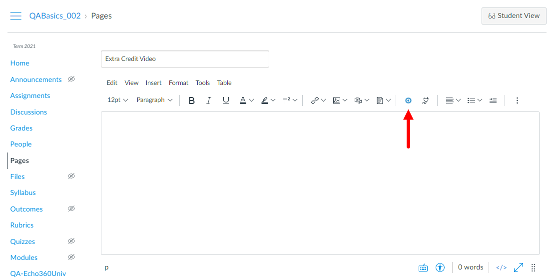 Canvas content window with EchoVideo embed button identified for steps as described