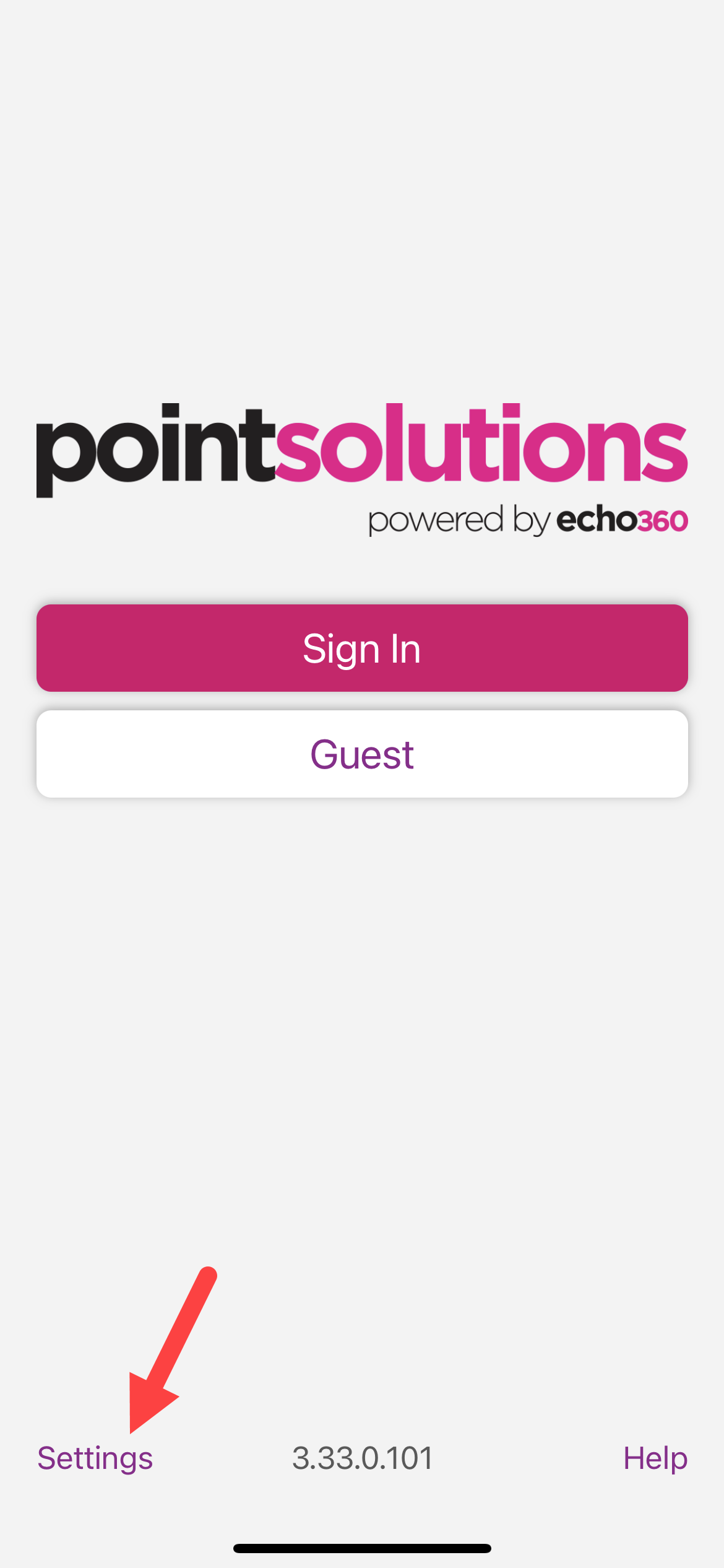 The PointSolutions Participant log in screen with Settings menu identified as described for iOS