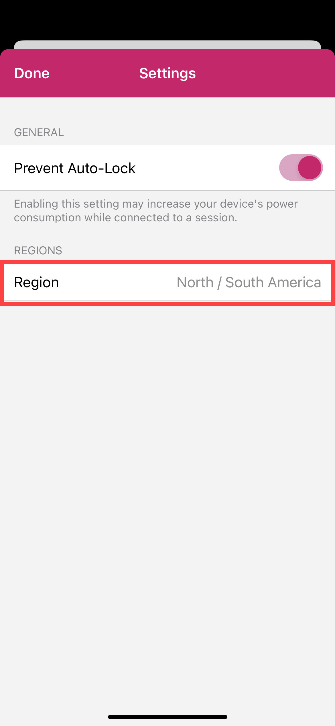 The PointSolutions Settings menu with Region option identified as described for iOS