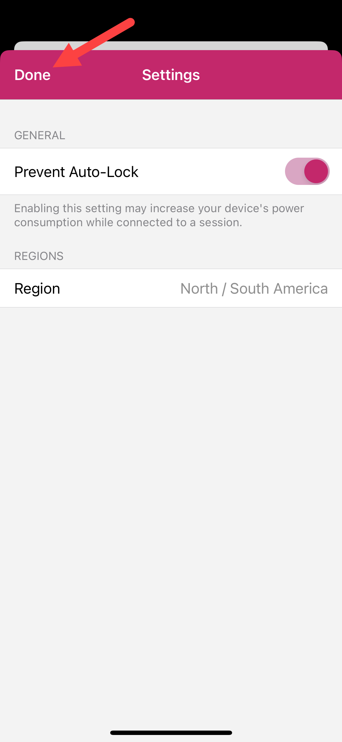 The PointSolutions Settings menu with Done identified as described for iOS