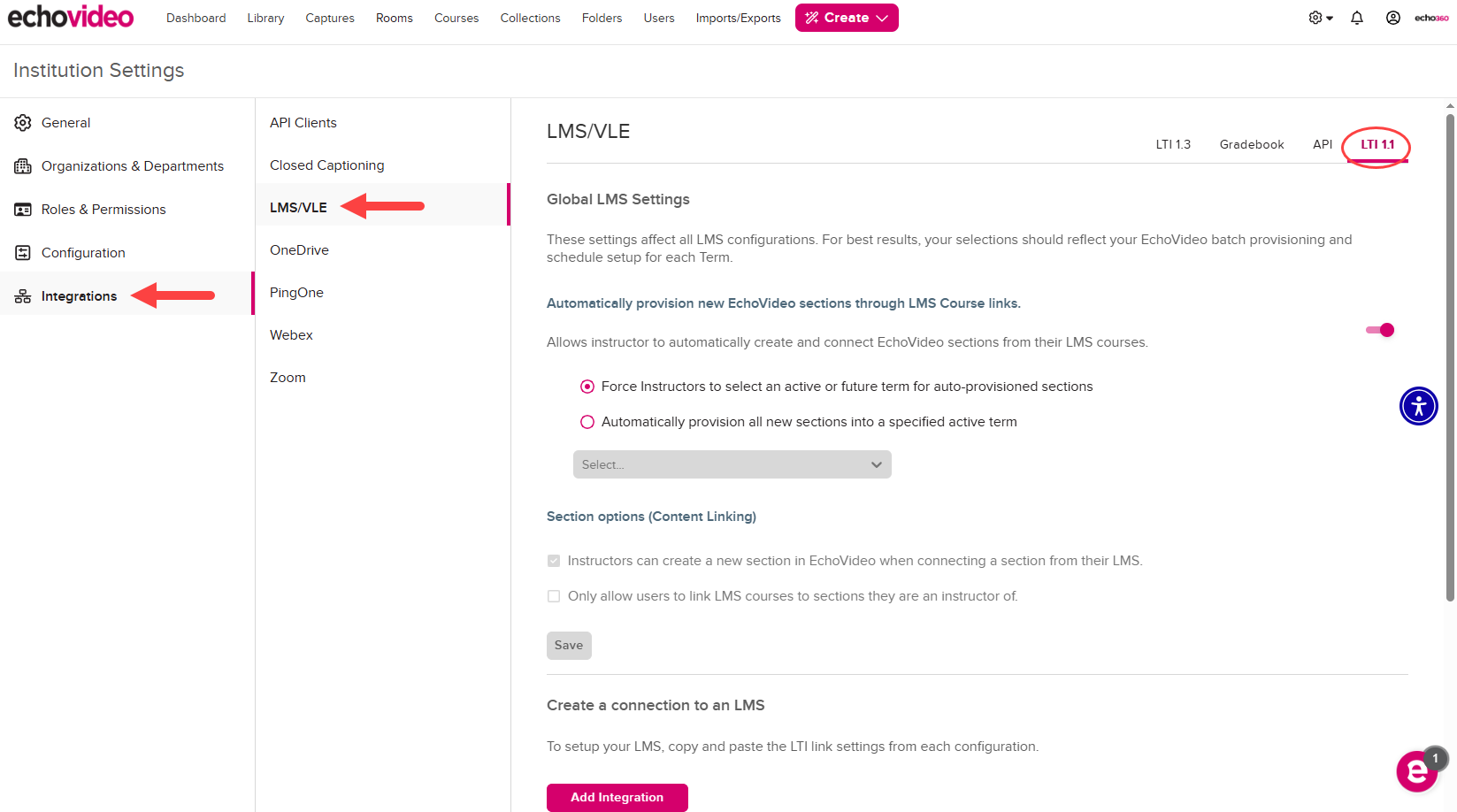 EchoVideo Integration page open to LMS/VLE configurations as described with navigation steps identified