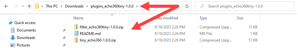 Downloaded Moodle zip file with two enclosed zip files and a README file shown as described