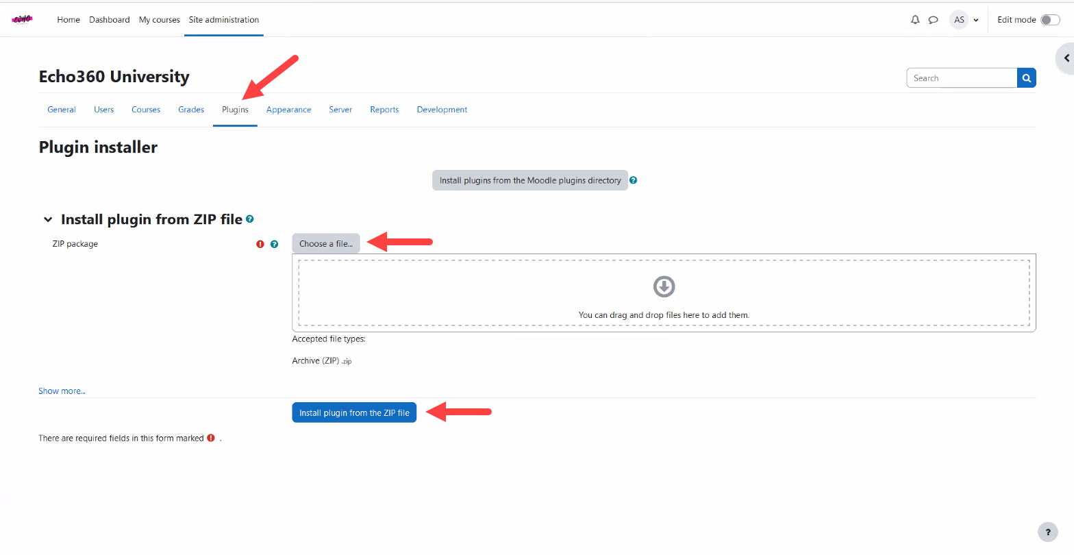 Moodle plugins installation page with options for steps as described